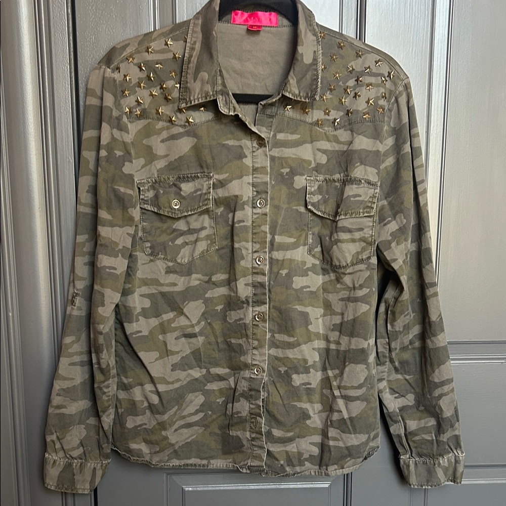Tinseltown Camouflage Utility Jacket with Studded Accents